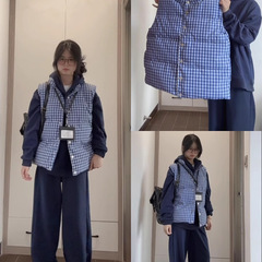 2025年秋冬季新款蓝色格子马甲女棉服外套叠穿背心棉衣棉袄潮