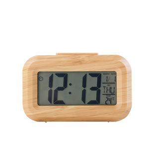 Creative Retro Wood Grain Bamboo Pattern Clock Desktop Bedside Multi-Functional Electronic Clock Lazy Snooze Alarm Clock