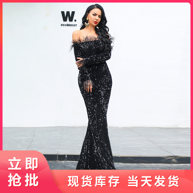 Cross-border Sequin Evening Dress Women's New European and American Feather Long Sleeve Banquet Party Long dress Toast Dress