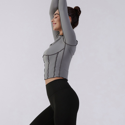 Cross-border fitness clothing long-sleeved women's running quick-drying fungus sports jacket professional Pilates lace yoga top