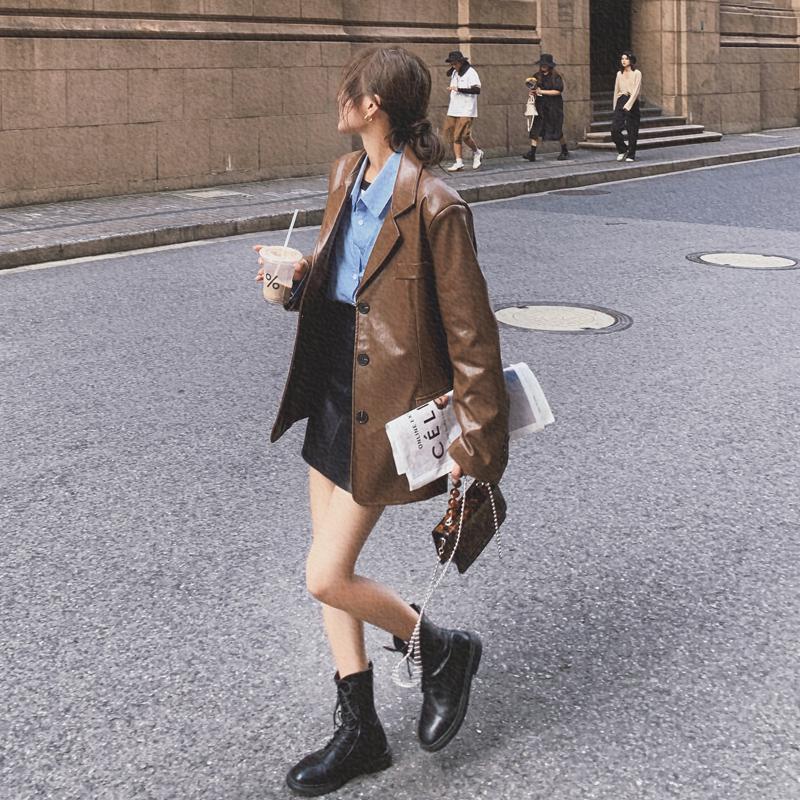 Brown Leather Jacket for Women 2026 Spring and Autumn New Fashion Loose British Style Small Blazer High-End Street Style Suit Jacket