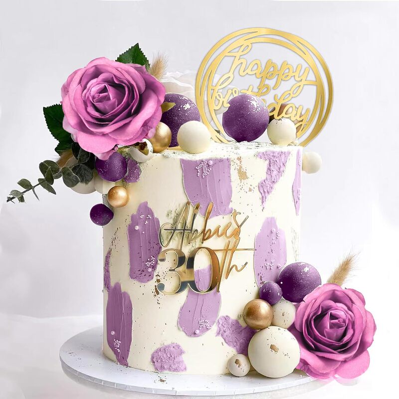 28 Pieces Cake Decoration Purple Flower Cake Golden White Bohemian Happy Birthday Cake Decoration Wedding