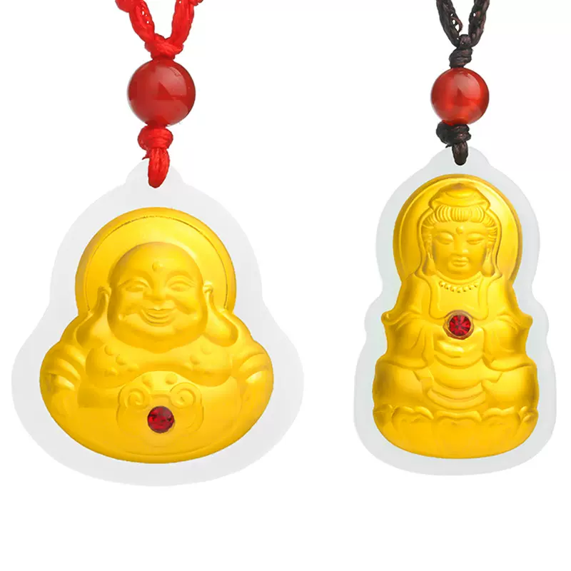和田玉足金吊坠 和田白玉金镶玉吊坠女 观音佛黄金项链男