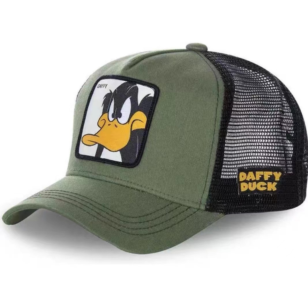 2024 nueva gorra bordada de anime de pato de dibujos animados, gorra de conductor de camión, gorra de béisbol de malla extraña de boca grande