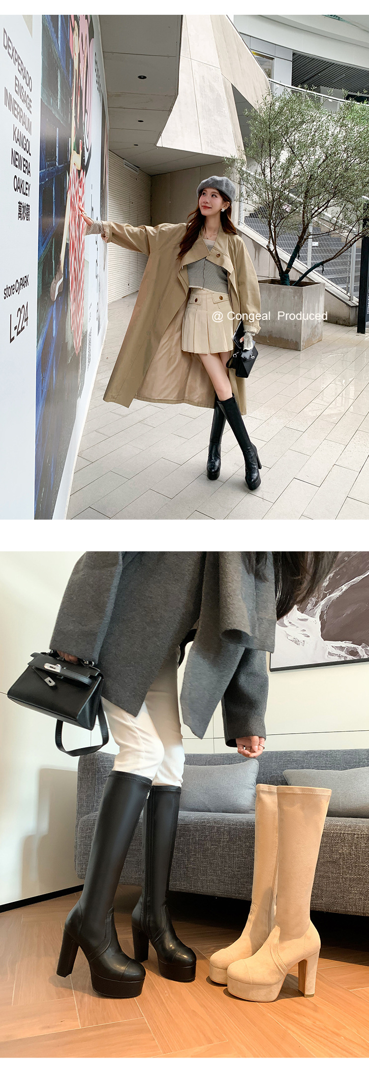 Boot nữ cổ cao ôm bắp chân gót 11cm đế platform mũi tròn — Quả mơ ống nhỏ đơn li, Lớp lót nhung lớn màu đen, Lớp lót nhung ống nhỏ màu mơ, Ống nhỏ màu đen đơn li chi tiết 21