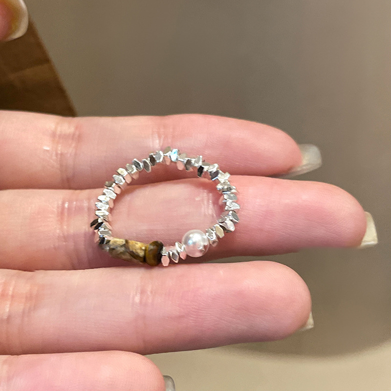 Tiger Eye Fragment Silver Stone Beaded Ethnic Style Elegant Index Finger Niche Design Sense Ring_voghion.com