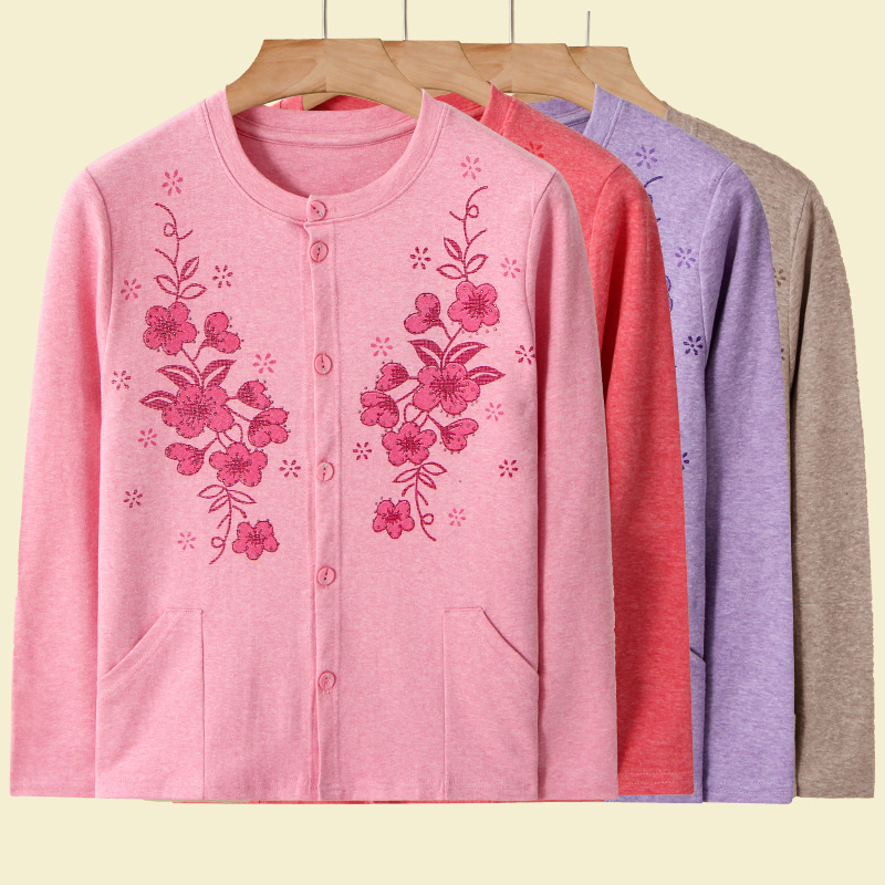 Large Size Cardigan Women's Spring and Autumn Clothes Middle-aged and Old People's Sweater Cotton Sweater Old People's Mother's Double-breasted One-piece Top Thermal Underwear
