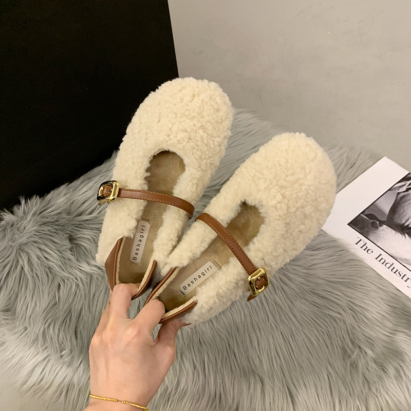 Korean Version Of Lamb Fur Shoes For Women To Wear Outside Autumn And Winter Style Fairy Stepping Shoes Flat-bottomed Plus Velvet Cotton Shoes