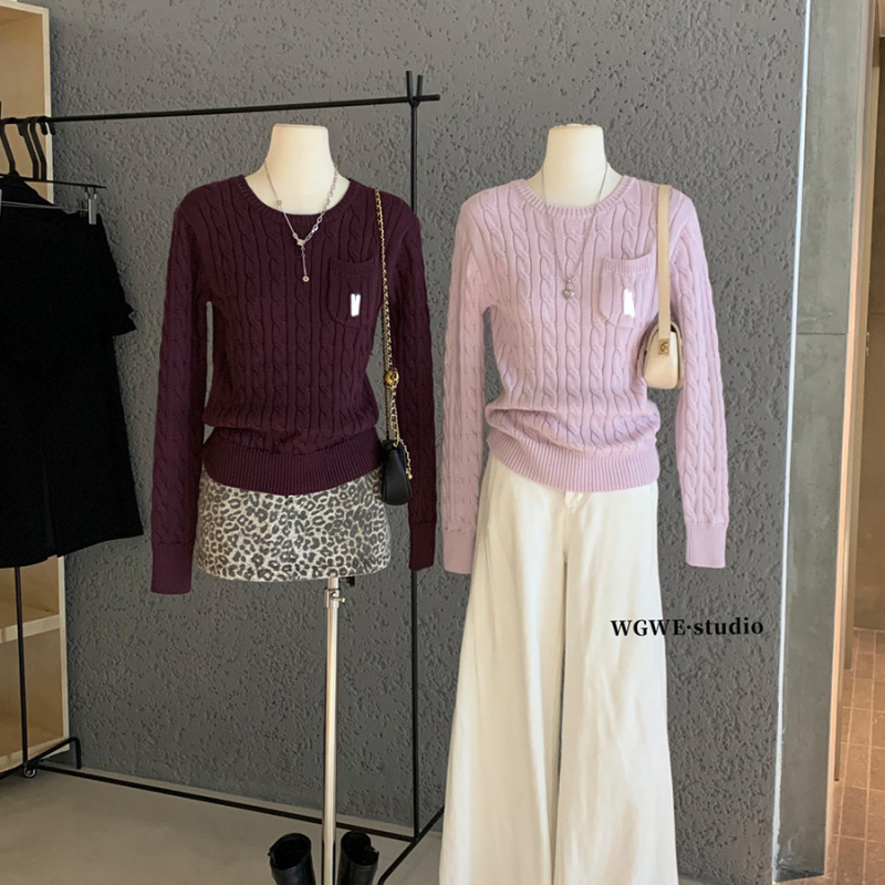 WGWE7210麻花套头打底毛衣宽松慵懒风软糯短款内搭针织衫|undefined