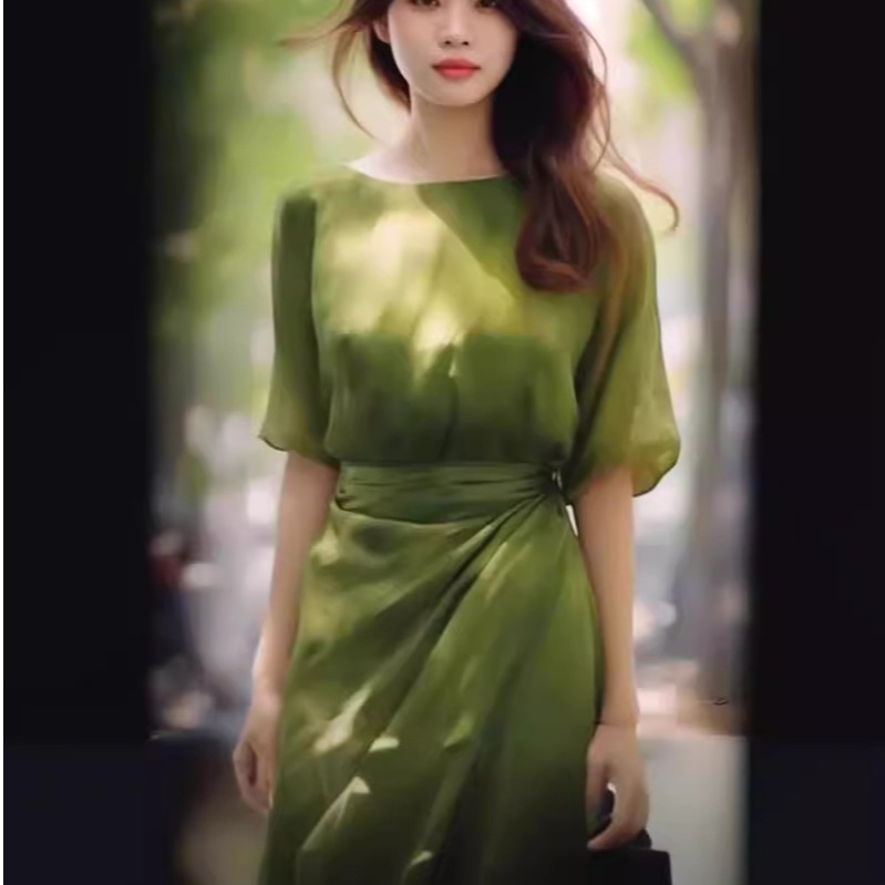 Đầm midi nữ phong cách Pháp eo thon dài qua gối — Váy liền màu xanh lá