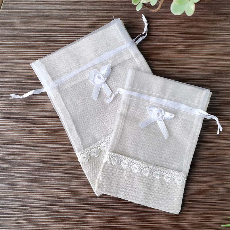 Manufactor goods in stock Cotton and hemp lace butterfly End pocket Mosaic gift Drawstring Jewelry Storage Bag customized