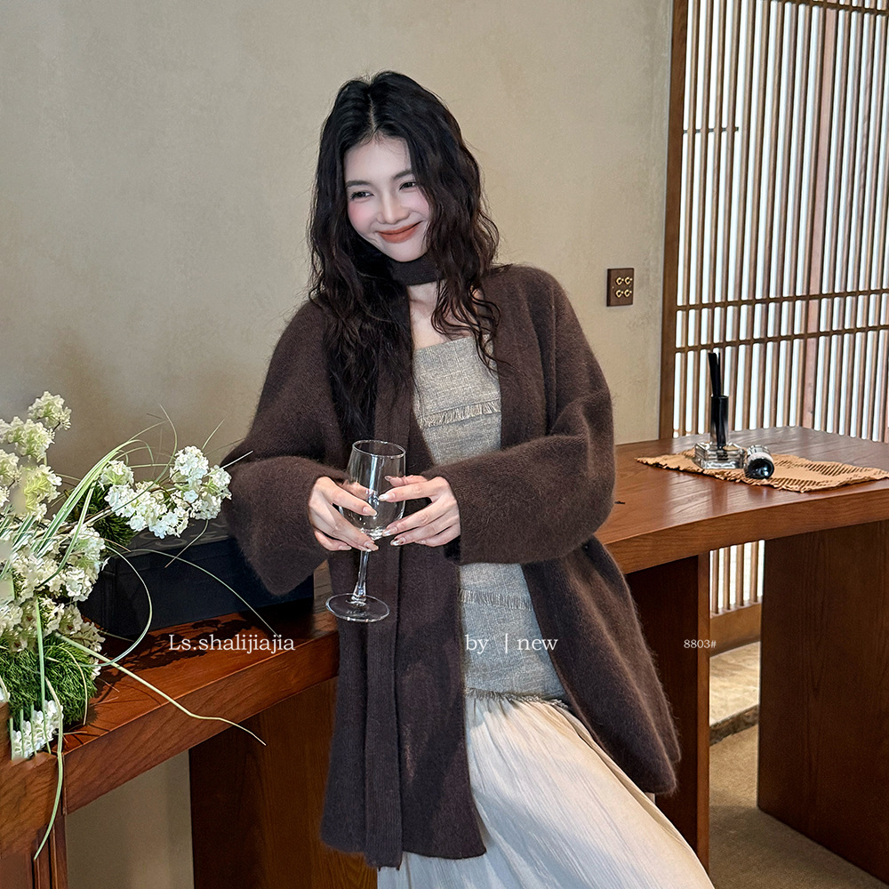 LS 极简时尚优雅百搭兔毛开衫外套 广州十三行25秋冬新品女装8803