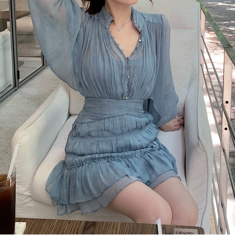 姐姐来了 ! 重工仿真丝打揽显白连衣裙女气质美艳修身短裙V领长袖|undefined