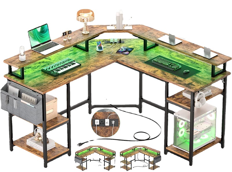 Home Office Desk Writing Desk L-Shaped Computer Desk Corner Table with Monitor Stand Power Outlet and Led Light