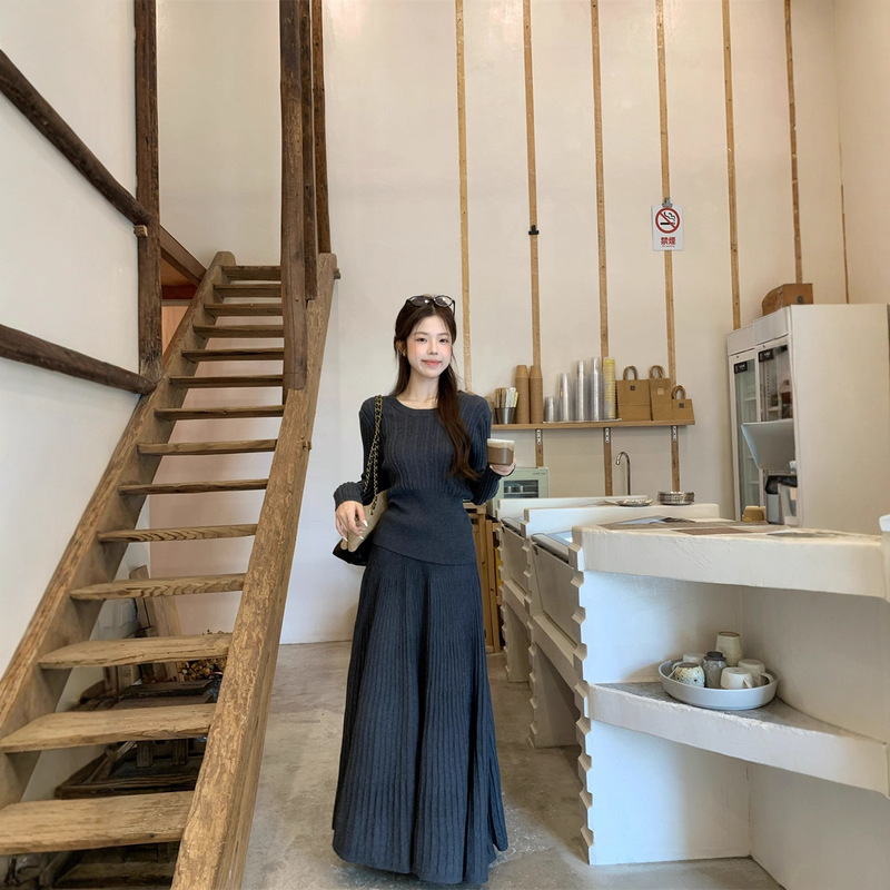 法式气质修身显瘦长袖针织高腰半身长裙女2025秋季新款时尚套装潮|undefined