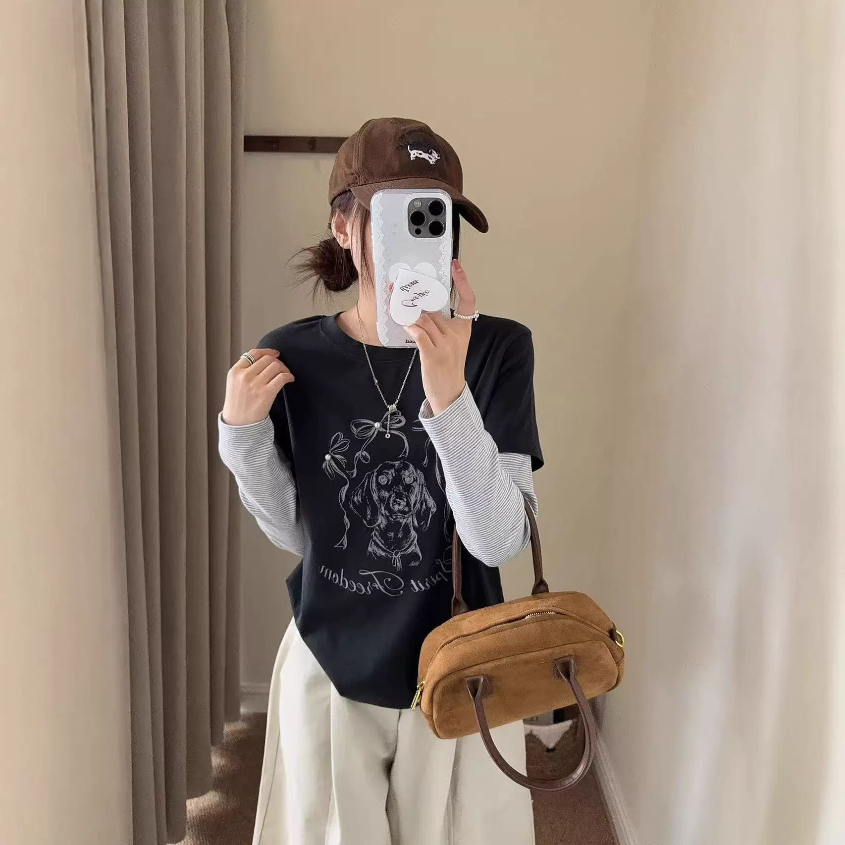 韩代钉珠蝴蝶结小狗假两件圆领长袖T恤女秋季新款设计感显瘦上衣