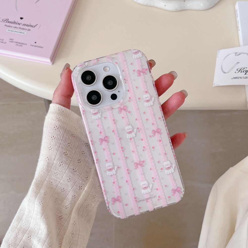 Gato con lazo floral rosa coreano para Apple 15ProMax lindo 16Pro nicho 14/13 nuevo 16