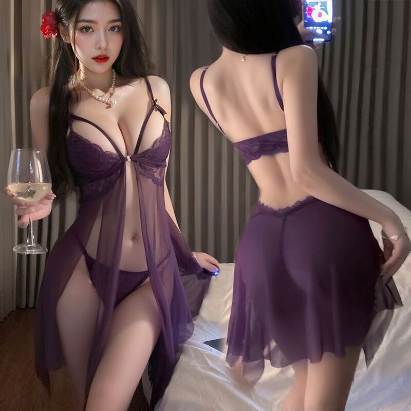 Sexy Lingerie, Sexy Mesh See-Through Suspender Skirt, Front-Buttoned Pajamas, Women's Seductive Passion-Free-Take-Off Set 2921