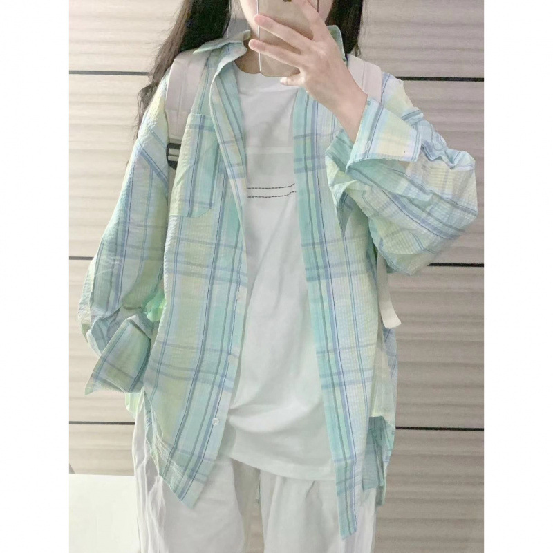 Fresh Mint Green Plaid Shirt for Women 2025 Spring and Autumn New Style Power Outfit Long-Sleeve Shirt Jacket