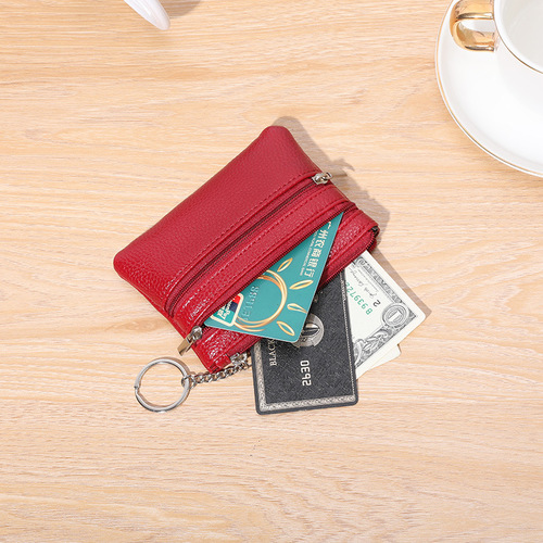 Short Zipper Wallet for Women, Lychee Pattern, Three-Pocket Multifunctional Mini Coin Purse Key Holder