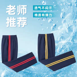 校服裤子深蓝色夏季高腰彩色双杠弹力舒适透气运动裤