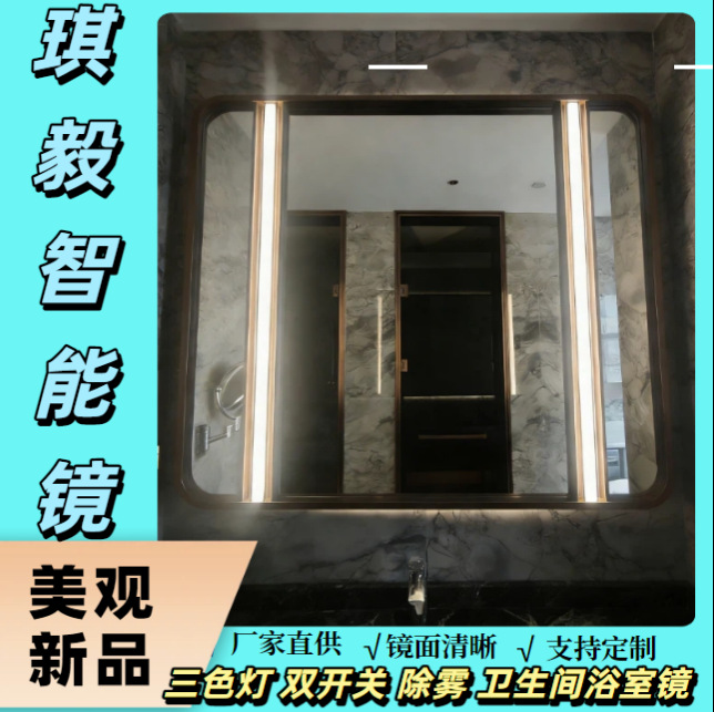 Cross-Border Custom-Made Hotel-Specific Bathroom Led Stepless Light Tube Stainless Steel Smart Frame Bathroom Mirror