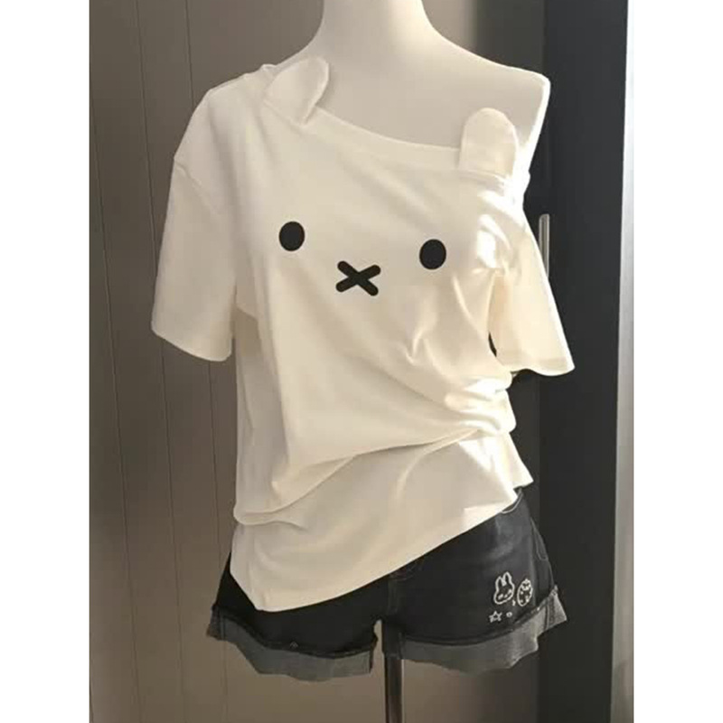 Plus-size three-dimensional bunny ear off-shoulder short-sleeve T-shirt for women, cute bunny irregular ruched waist-cinching pure desire top