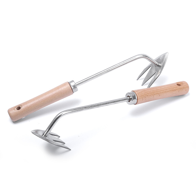 Al por mayor de acero inoxidable weeding artefacto tirando hierba pequeño Rake hogar cavando verduras silvestres engrosada mango de madera pequeña azada herramientas agrícolas