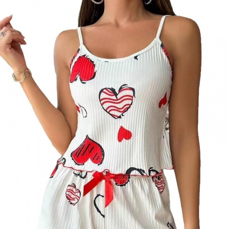 ChicShe European And American Cross-Border Trade Women's Pajamas Ribbed Heart Sexy Camisole Printed Tank Top Shorts Homewear_voghion.com