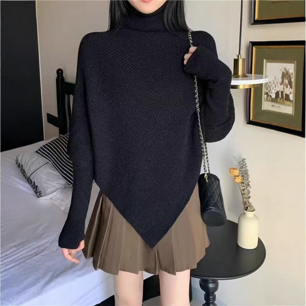 터틀넥 불규칙한 틈새 디자인 스웨터 여성의 가을과 겨울 한국 스타일 느슨한 게으른 스타일 부드러운 왁스 니트 탑 두껍게