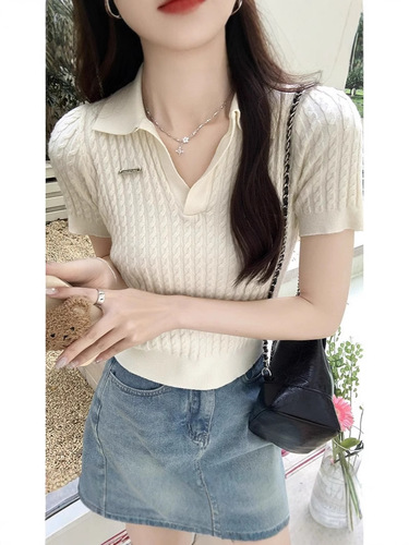 Right shoulder white polo short-sleeved T-shirt for women spring and summer new style lapel knitted bottoming slim short outer top
