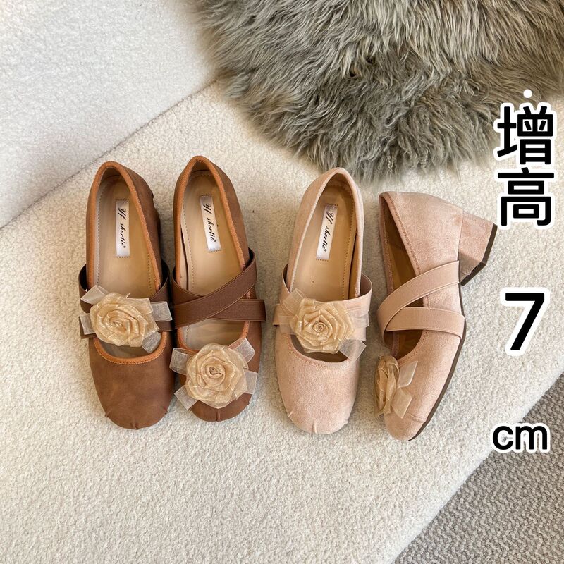 Increased 7cm Vintage Camellia Flower Mary Jane Shoes Women's 2025 Spring New French Cross Band Ballet Shoes