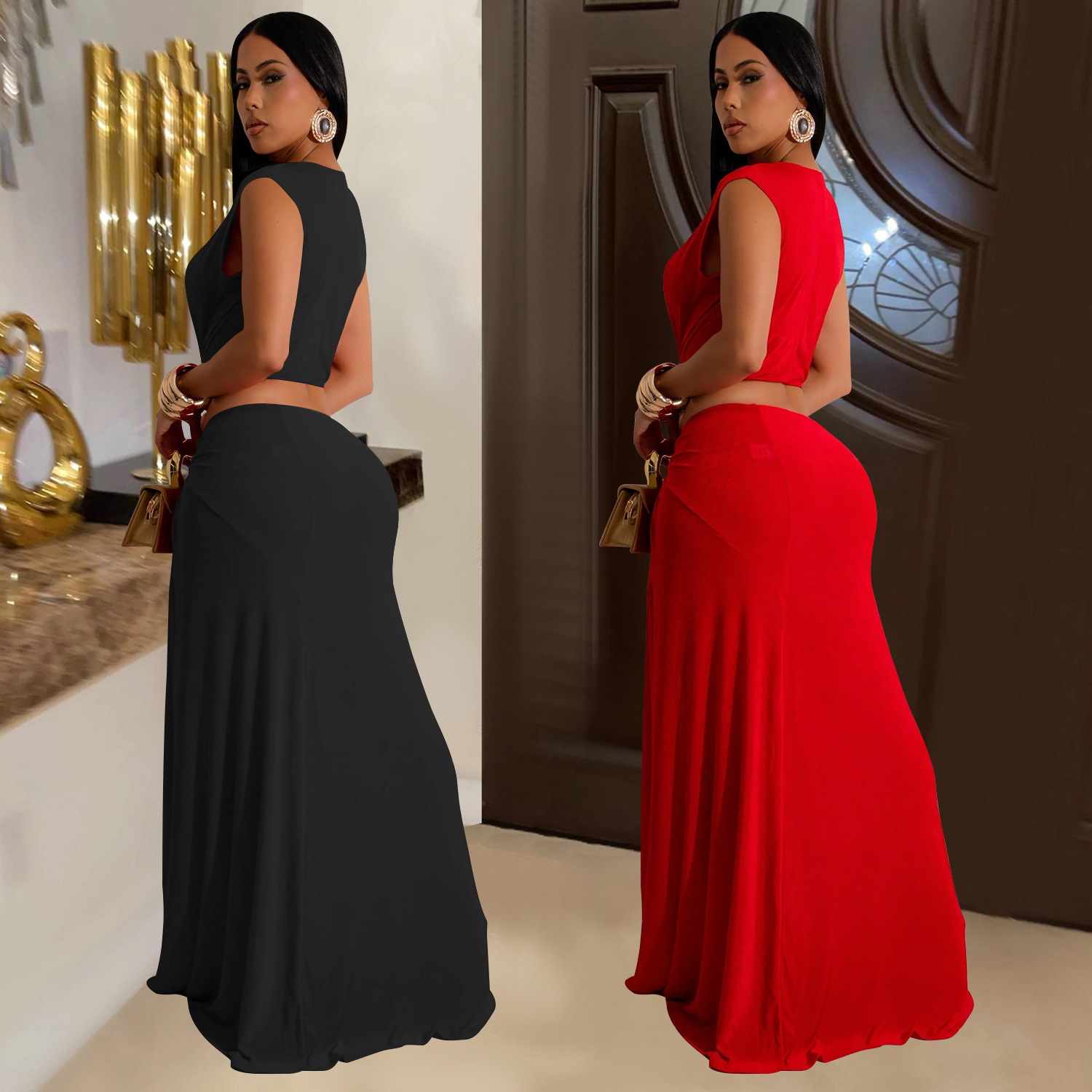 C7062 Aliexpress transfronterizo Amazon estación independiente de moda europea y americana vestido de mujer sin mangas profundo V bifurcado nuevo image 3