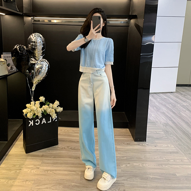 Fashionable Age-Reducing 2025 Summer Thin Knitwear Tops for Women Gradient Retro Loose High-Waisted Straight Jeans