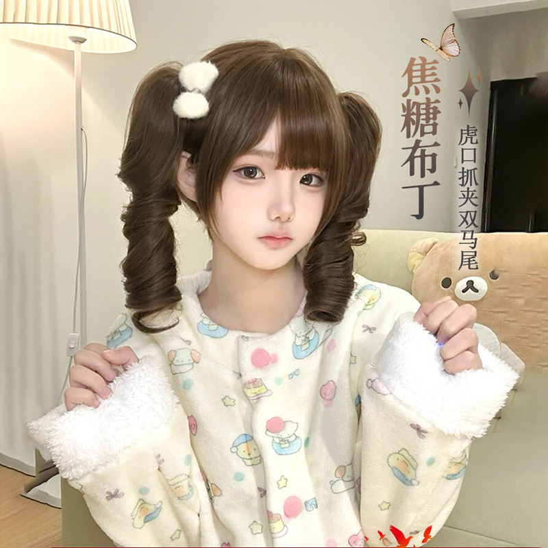 [Caramel Pudding] Lolita Wig Double Ponytail Long Curly Hair Doll Roman Curly Tiger Mouth Clip Full Headgear for Women
