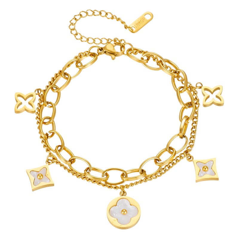 Pulsera doble capa acero inoxidable, flor pequeña, estilo europeo/americano