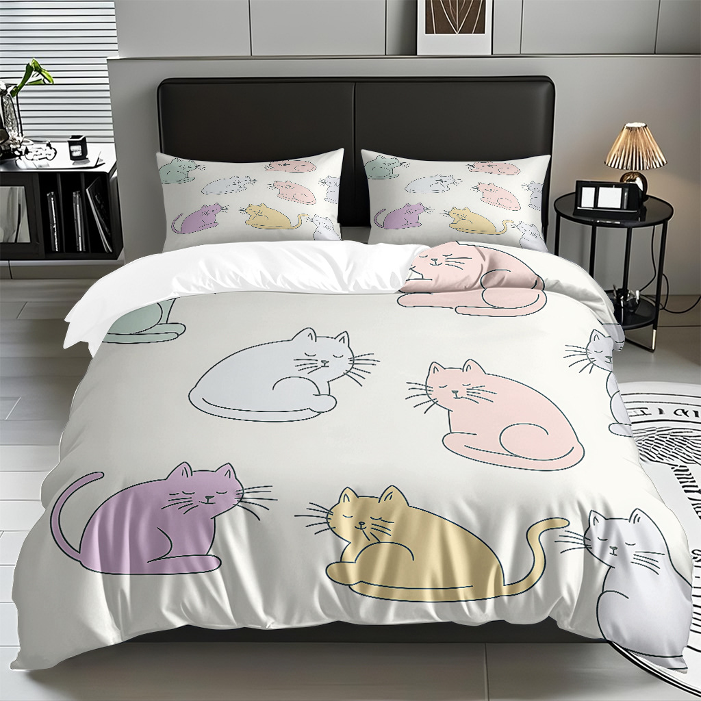 Transfronterizo textil doméstico molido caricatura gatito impresión digital suave permeable colcha colcha set fuente fábrica Temu / JIT