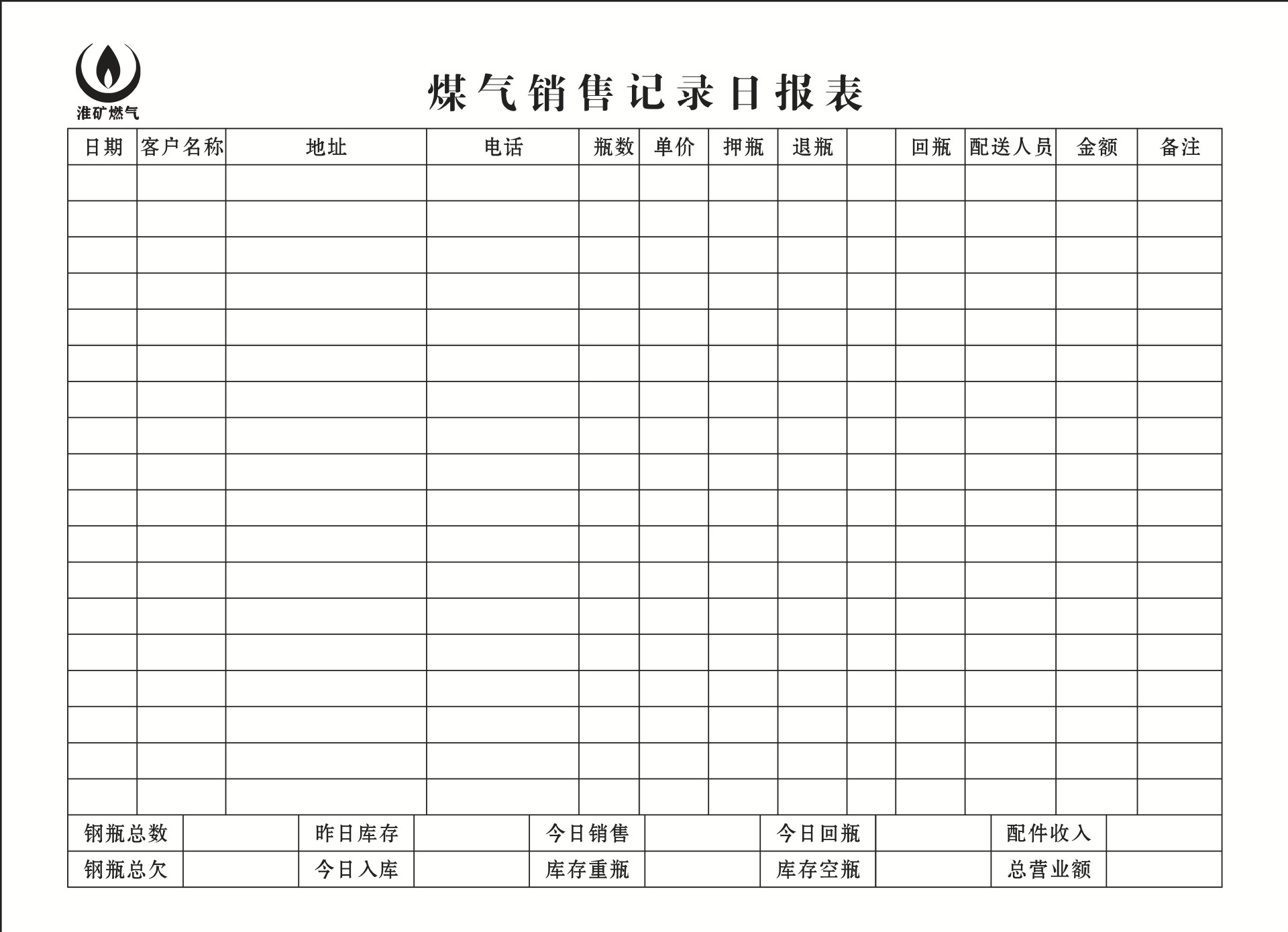 煤气销售记录日报表