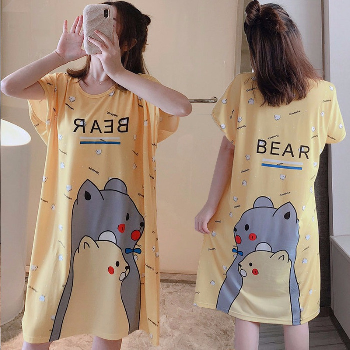 Camisón de manga corta de verano de dibujos animados dulce falda cultural delgada suelta más pijamas de tamaño vestido de mujer ropa para el hogar Comercio exterior