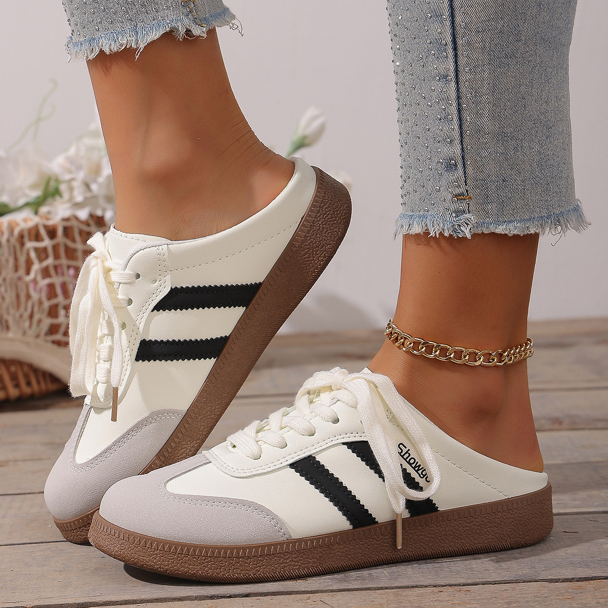 Damen-Plateau-Slipper in Übergröße, lässige Sport-Sneaker mit Farbblock-Design, Frühlings-Halbpantoffeln_voghion.com