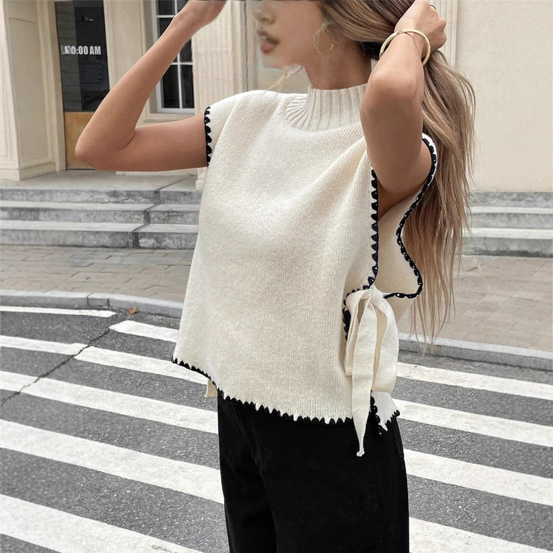 European and American Cross-border 2025 AliExpress Women's Sleeveless Sweater Vest Simple Design Contrast Color Bow Lace-up Top