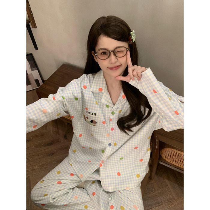 日系卡通睡衣女春秋季新款棉绸波点腊肠狗长袖大码网红家居服套装|undefined