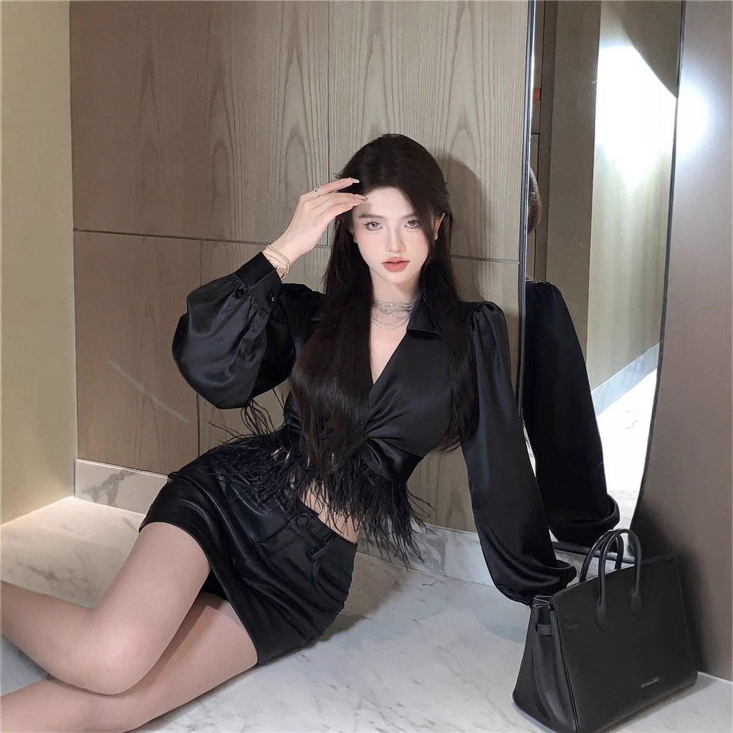 (2개) 새틴 셔츠 여성 디자인 센스 틈새 깃털 술 셔츠 가을 프랑스 V 넥 사교계 우아한 긴팔 탑