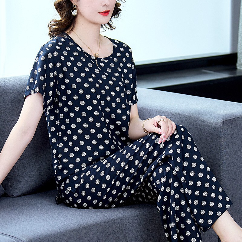Women's Short-Sleeved Thin Cotton Silk Middle-Aged and Elderly Mothers' Large Size Loose Summer Rayon Can Be Worn Outside Pajamas and Home Clothes