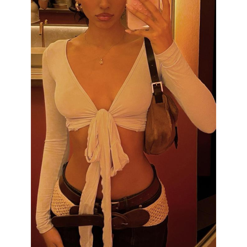 H 62910 Deep V cut out crop top deep V exposed navel lace-up cardigan H 62910 Deep V cut out crop top deep V exposed navel lace-up cardigan