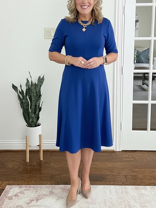 "2026 New Spring/Summer Short-Sleeve Slim-Fit Round-Neck Solid Color Dress, Elegant Women's Dress"_ecoleips.com