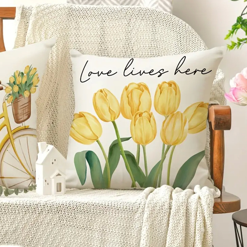Cross-border Hot Selling Yellow Bicycle Tulip Pattern Pillow Case Living Room Bedroom Sofa Decorative Pillow Case_voghion.com