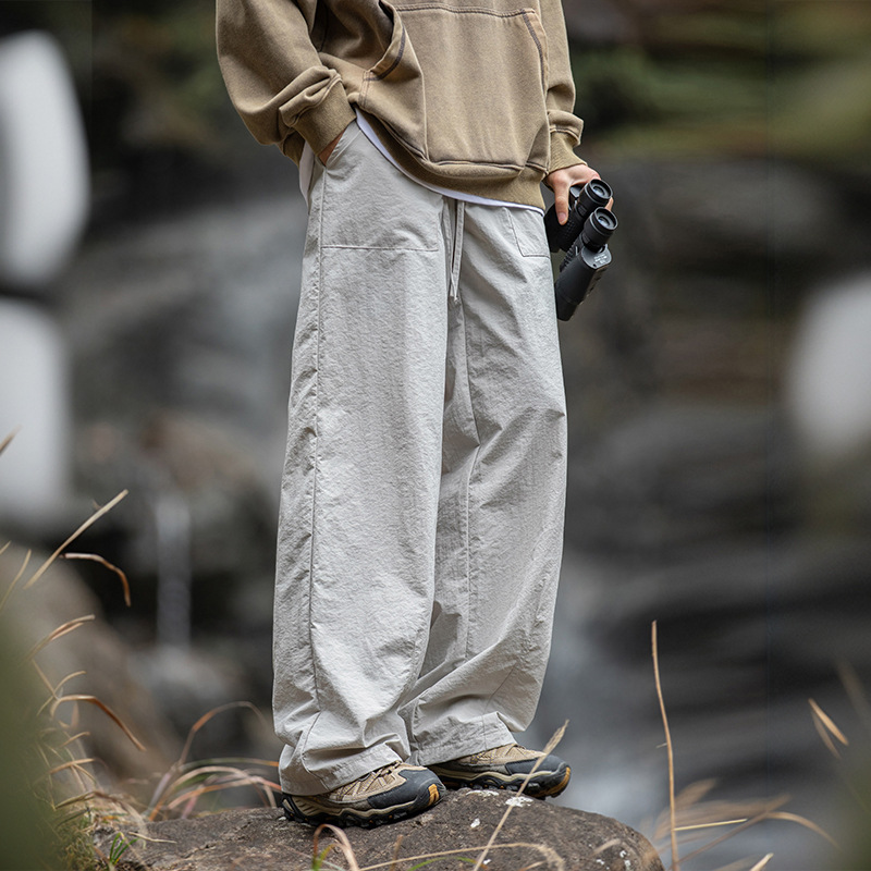 Hanlu ropa de trabajo ligeramente arrugada para hombres pantalones casuales primavera nuevas parejas sueltas y anchas pantalones rectos con cordón q