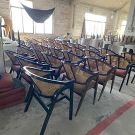 新中式高档餐桌茶餐厅粤菜馆商用卡座餐椅组合编藤实木餐椅