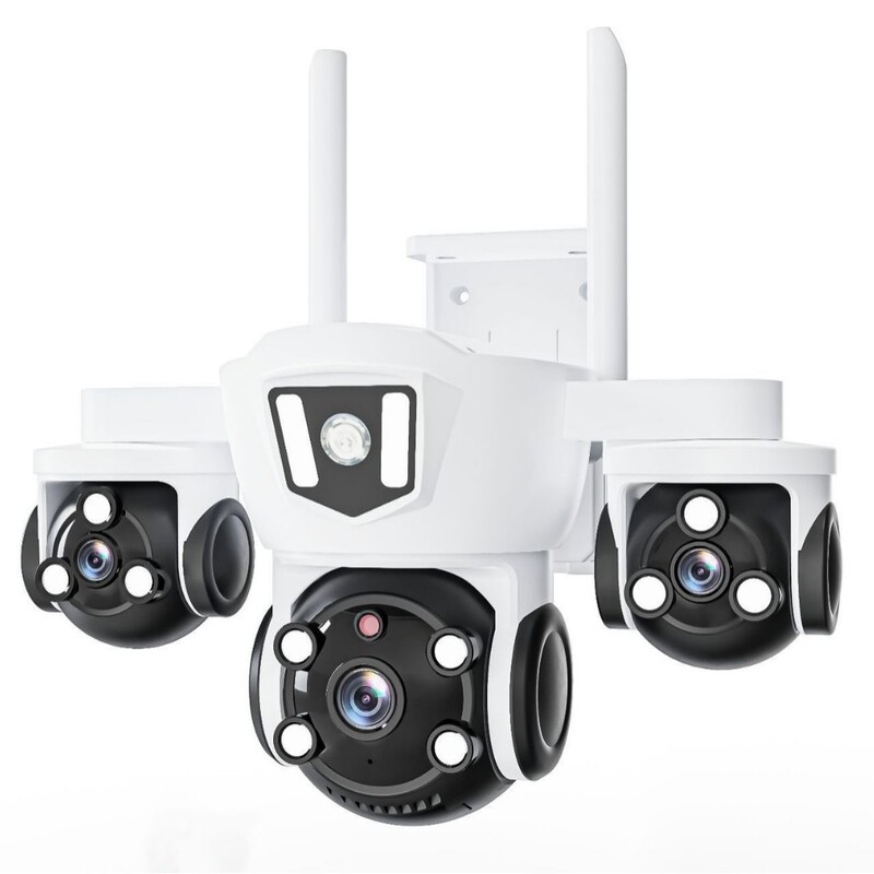 新しい真の四眼 WIFI ソーラー監視カメラ 3 画面監視広角 5MP リモート屋外防水|undefined